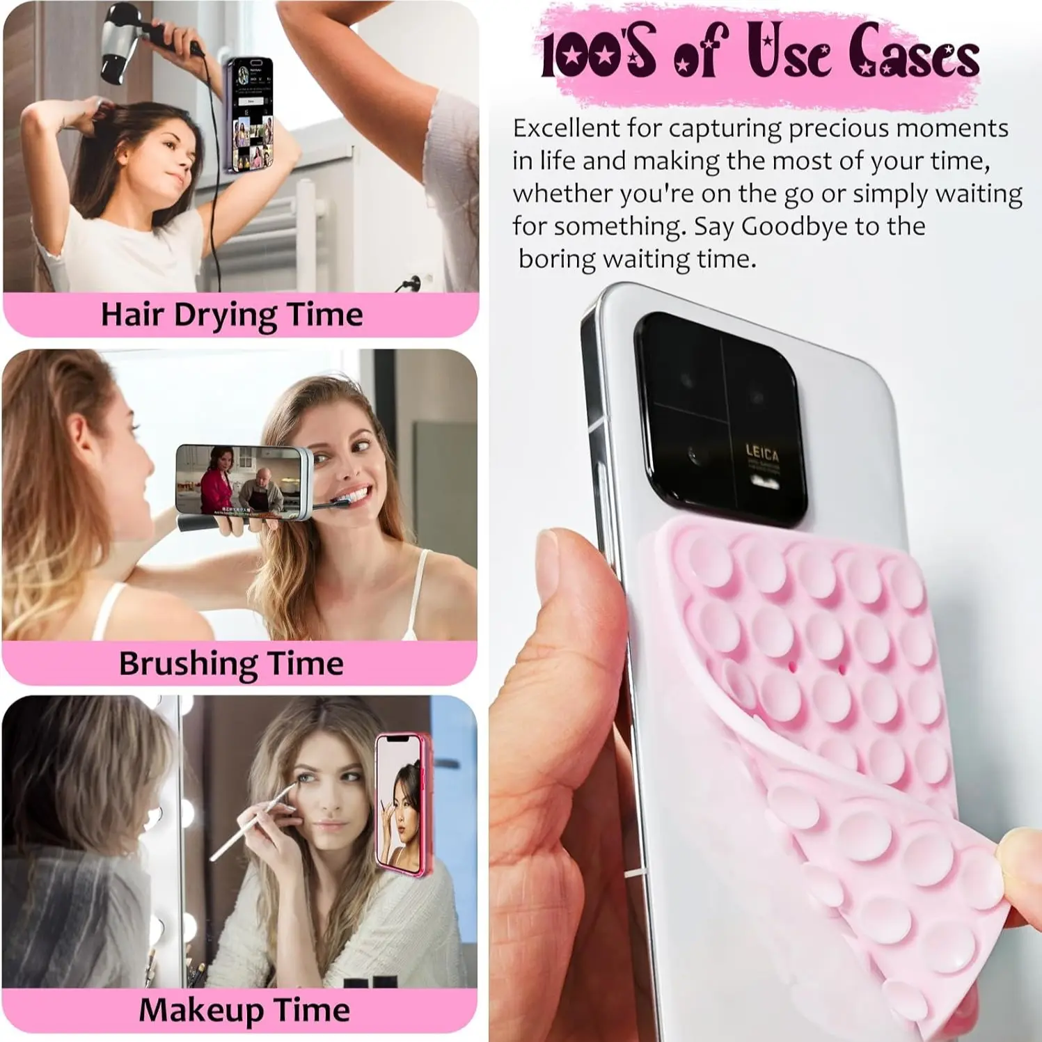 Silicone Dual-Sided Suction Phone Case with Detachable Stand, High Adhesion iPhone Grip, Hands-Free Accessory for Selfies and Videos