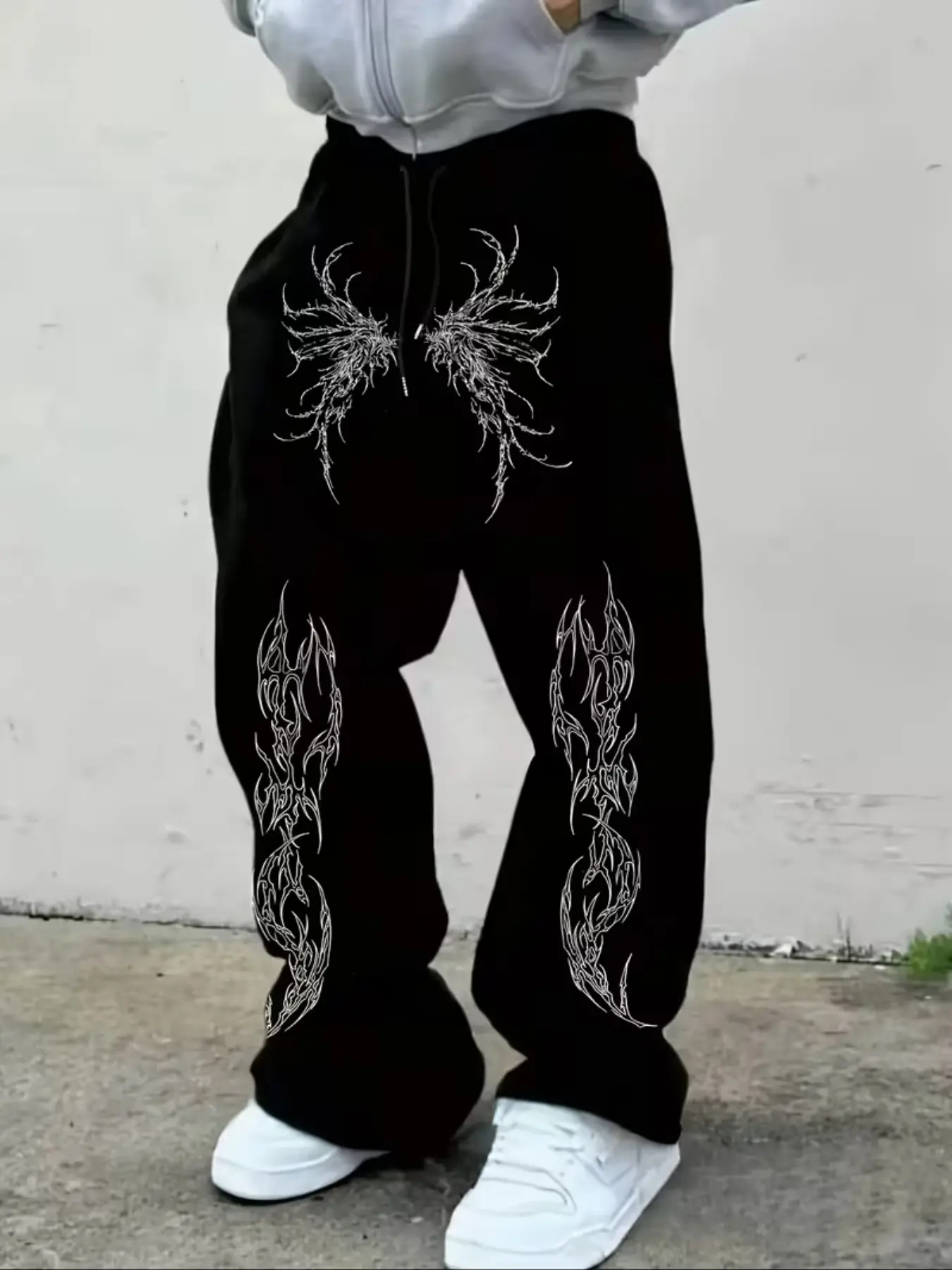 Unisex Elastic Drawstring High Waist Wide Leg Sweatpants Black Base White Thin Line Thorn Butterfly Symmetric Graphic Print Soft Knit Baggy Gothic Y2K Subculture Jogger Pants For Skate Hip Hop Urban Daily Street Wear 2026 Trendy #darkaestheticpants #y2kba