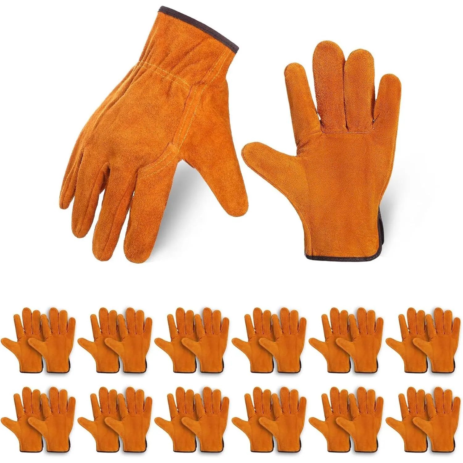12 Pairs Leather Work Gloves Cowhide Leather Gardening Gloves with Reinforced Palm and Elastic Band, Thick Leathers Glove for Men Women Construction, Wood Cutting, Driving, Automotive Repair (Yellow)