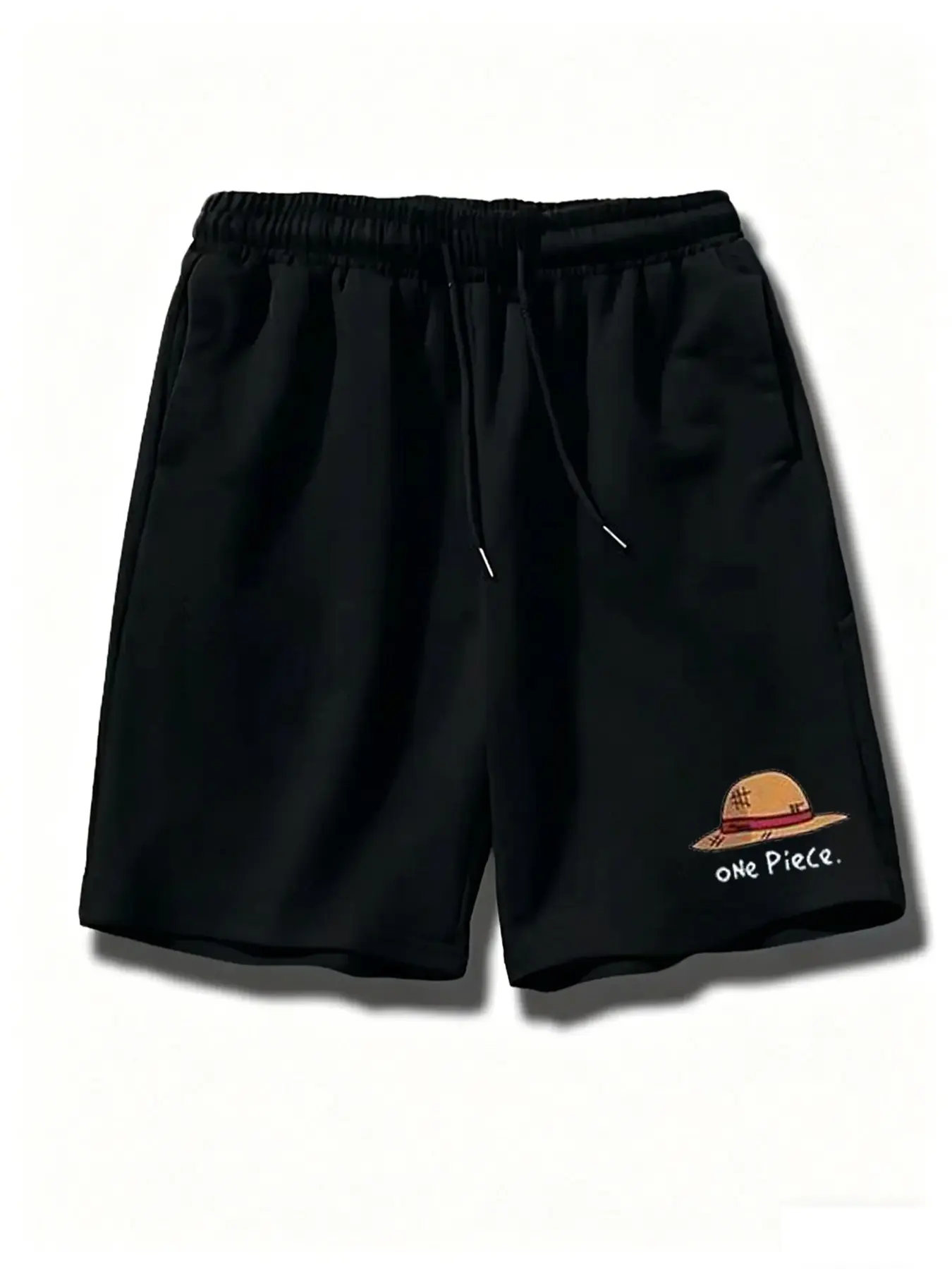 Casual Sports Shorts, One Piece Luffy Straw Hat & Anime Text Print, Minimalist Anime Street Style, Soft Breathable Fleece Fabric, Loose Comfortable Daily Wear, Ideal for Anime Fans & Casual Daily Outfits, TikTok Viral “One Piece Anime Aesthetic” Shorts