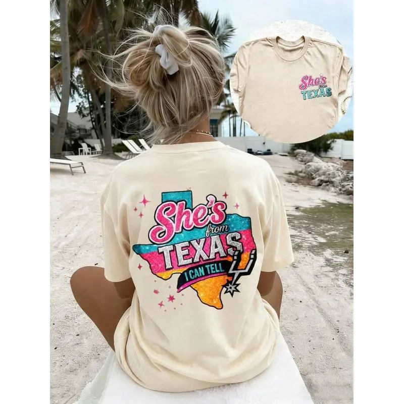 She's From Texas I Can Tell Women's T-Shirt , Graphic Tees Women Tops Print Casual Vacation Style, Suitable For Daily Wear,Vacation Outfits Women