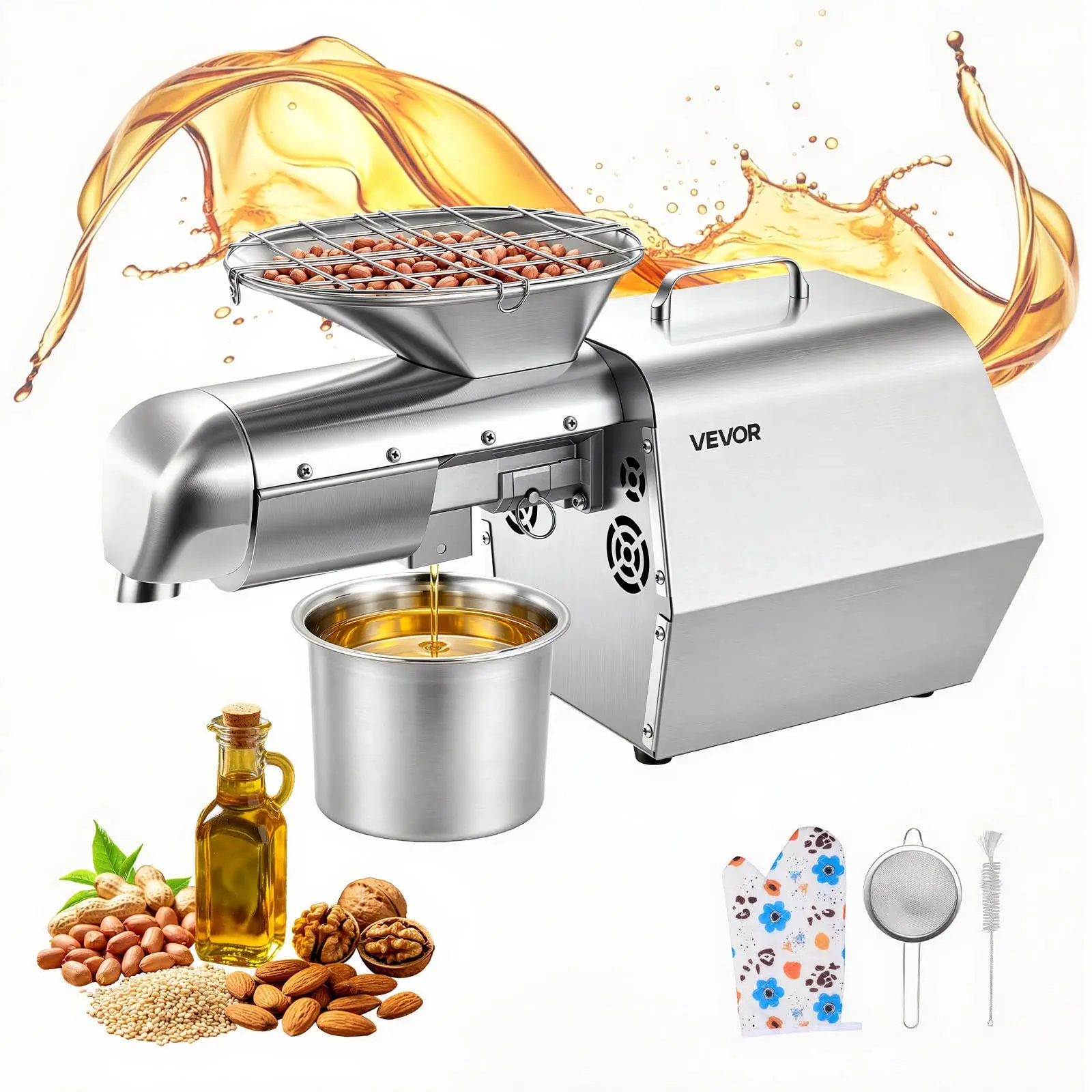 VEVOR Stainless Steel Oil Press Machine, 11 LBS/H Capacity, 1250W Power Extractor, Automatic Electric Maker for Home/Commercial Use, 122-572 Hot-Cold Press Extraction for Peanuts, Sesames, Soybeans, Almonds