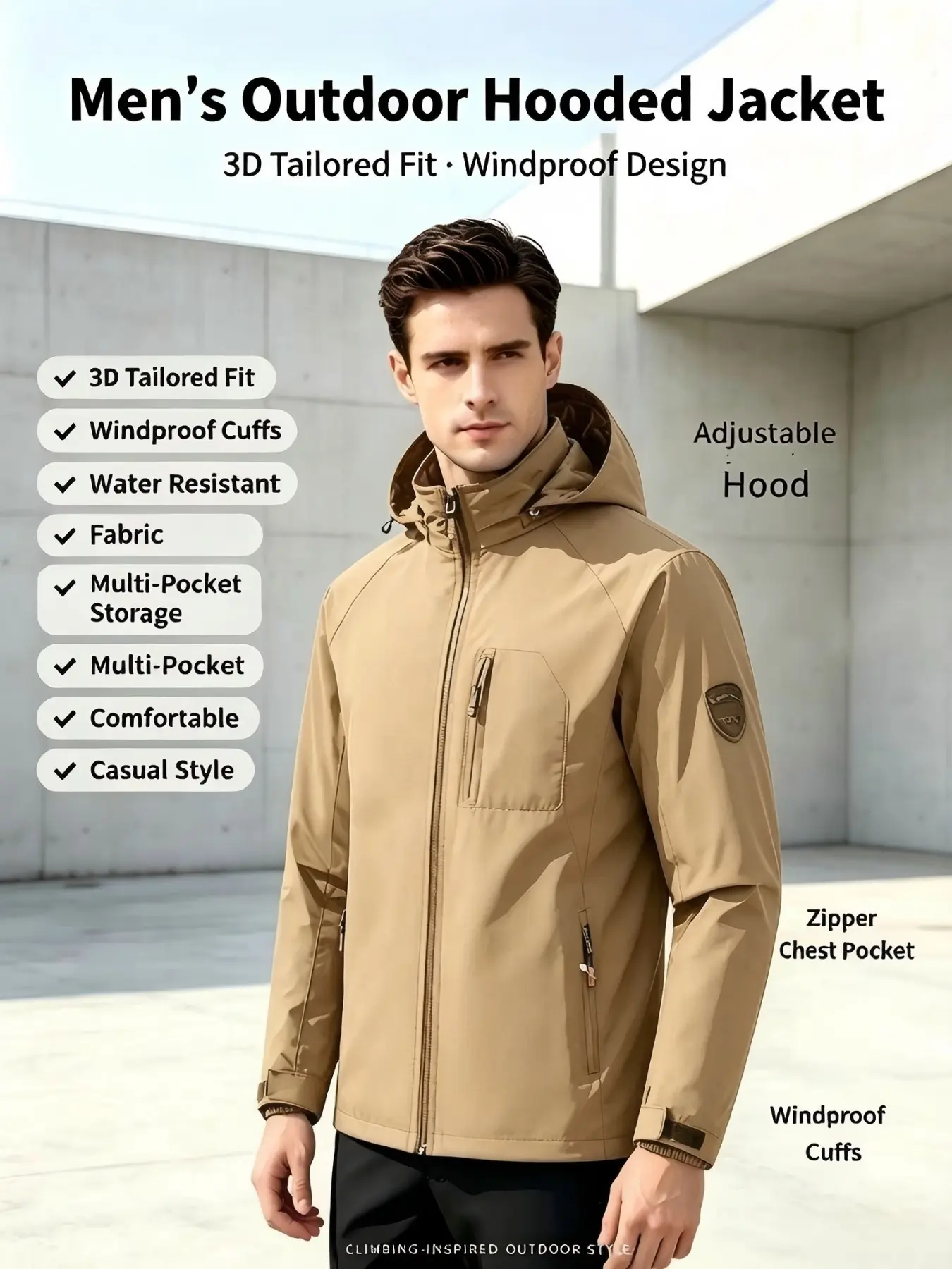 Men's Detachable Hat Windproof Waterproof Soft Shell Jacket, Sporty Slim-Fit Outdoor Hiking Coat, Spring & Fall Lightweight Outerwear
