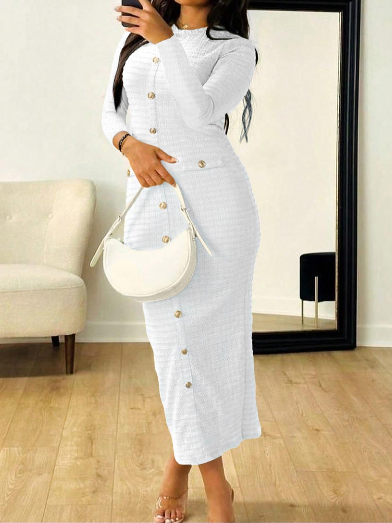 Elegant Casual Long Sleeve Maxi Dress for Women, Womenswear, Thin Knitted Fabric Perfect for All Seasons, Fitted Plain Design for Stylish Comfort