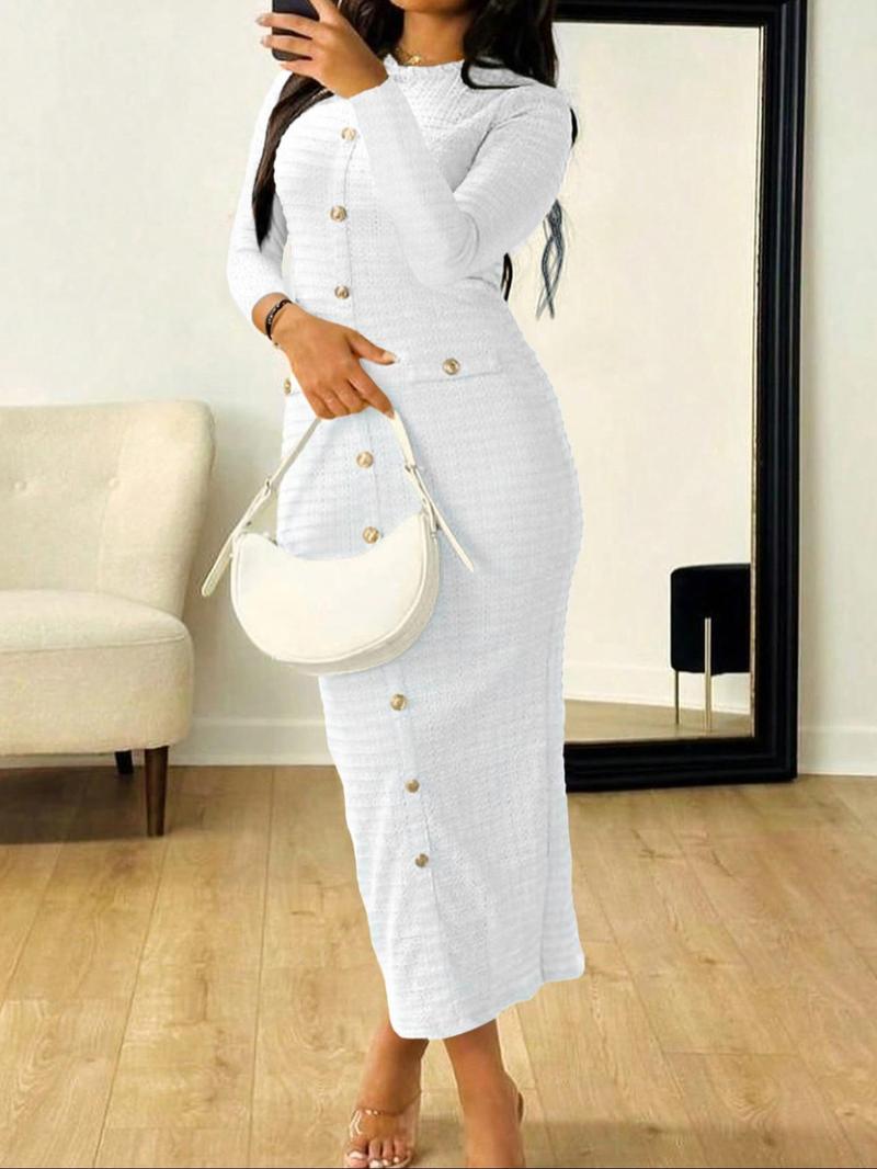 Elegant Casual Long Sleeve Maxi Dress for Women, Thin Knitted Fabric Perfect for All Seasons, Fitted Plain Design for Stylish Comfort