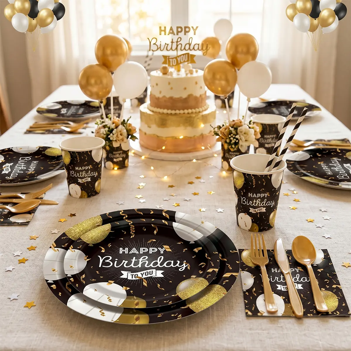 12-Person 104Pcs Sustainable Happy Birthday Disposable Tableware Set - Black Gold Luxury Finish Degradable Plates, Cups, Napkins, Gold Silverware Kit for Elegant Party Decor