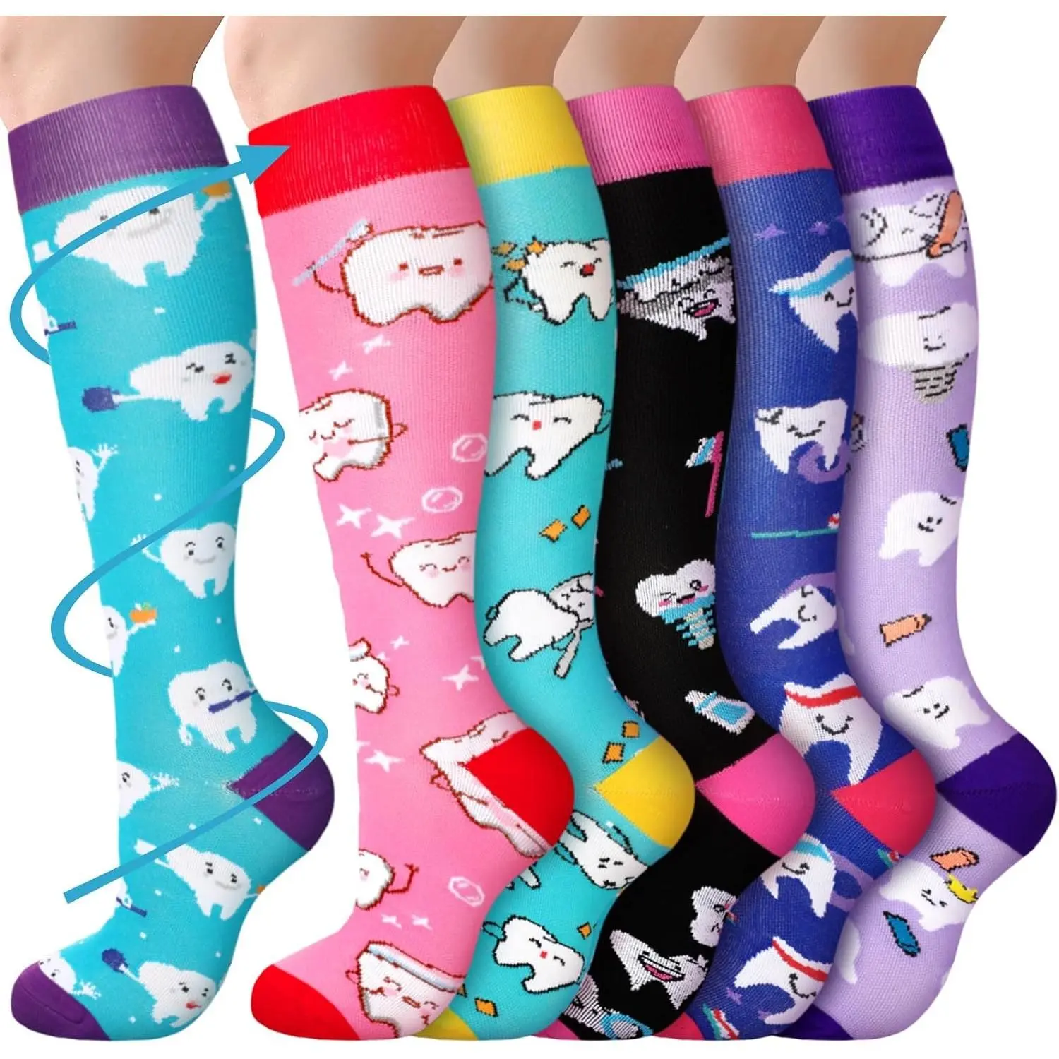 6 Pairs Dental Compression Socks with Novelty Tooth Pattern for Women and Men – Graduated Compression Socks for Standing Work Comfort, Gift for Nurses, Assistants & Dentists(Gift)