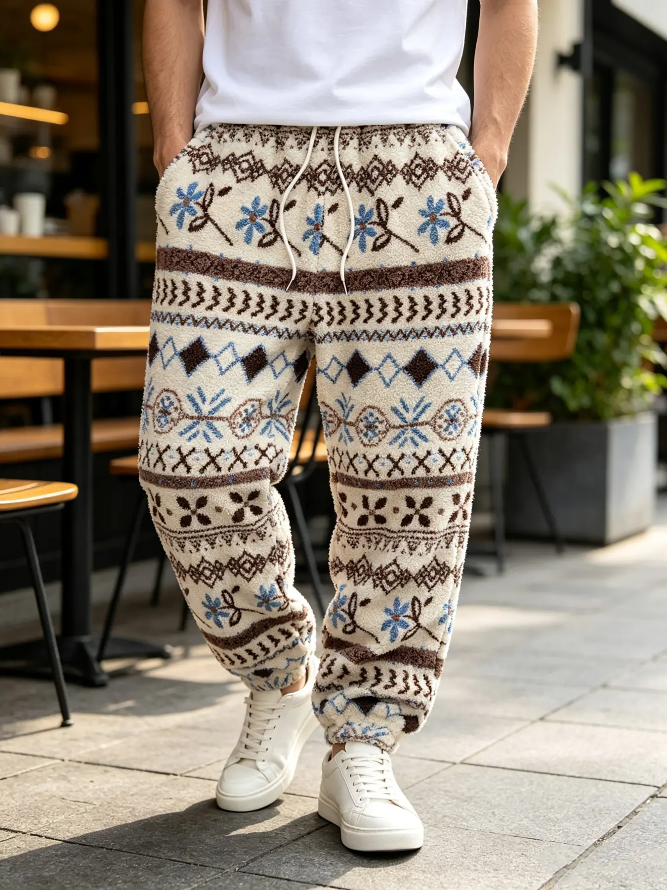 Men Ethnic Floral Soft Fluffy Joggers With Random Cutting, Drawstring Cuff Warm Printed Sweatpants, Loose Fit Elastic Vintage Streetwear Winter Cozy Home Loungewear Trousers