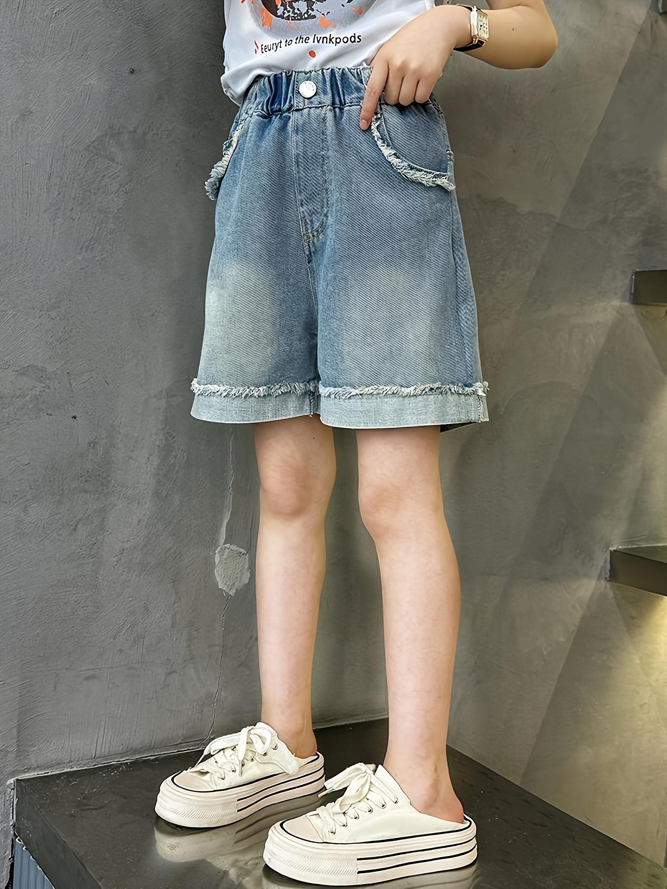 Girls' Butterfly Denim Shorts - 75% Cotton Blend Loose Fit Summer Shorts with Elastic Waistband, Machine Washable Casual Shorts for Teens 12+ Years, Birthday & Eid Gift