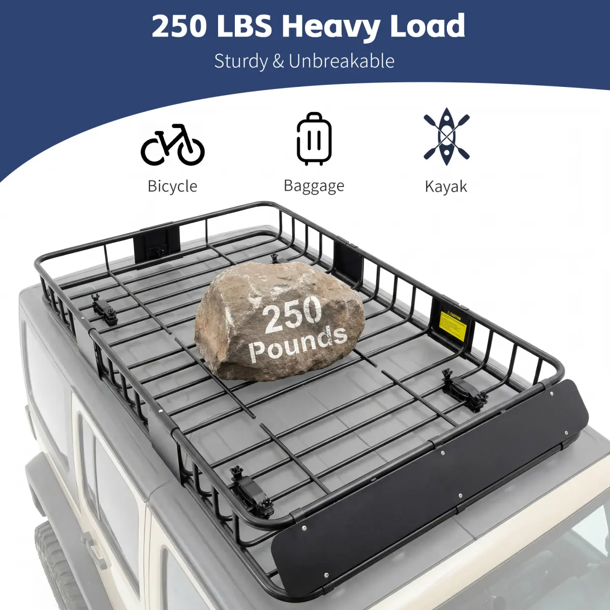 64x39x5 Inch Black Low Profile Steel Roof Rack Cargo Basket, 250 LBS Heavy Duty Powder Coated Car Roof Carrier with Wind Fairing for Travel Camping Hunting Gear Storage