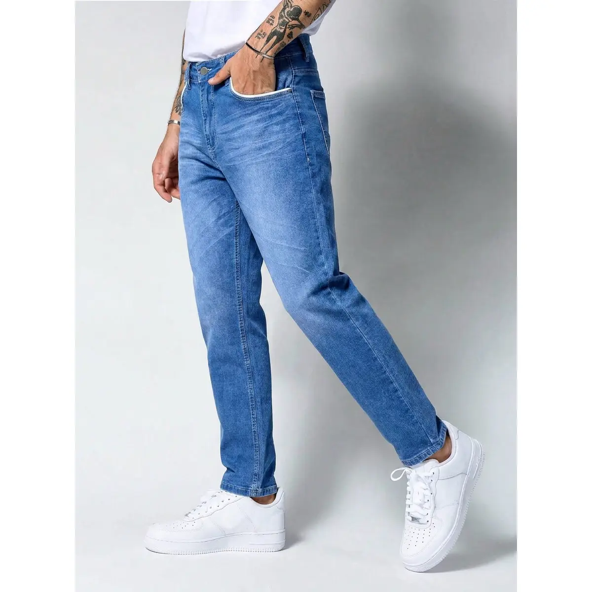 Men's Light Blue Slim-Fit Cut Solid Plain Washed Denim Jeans - Lightweight Casual Streetwear Long Pants for Daily Wear, Spring Summer Autumn Trendy Menswear Trousers