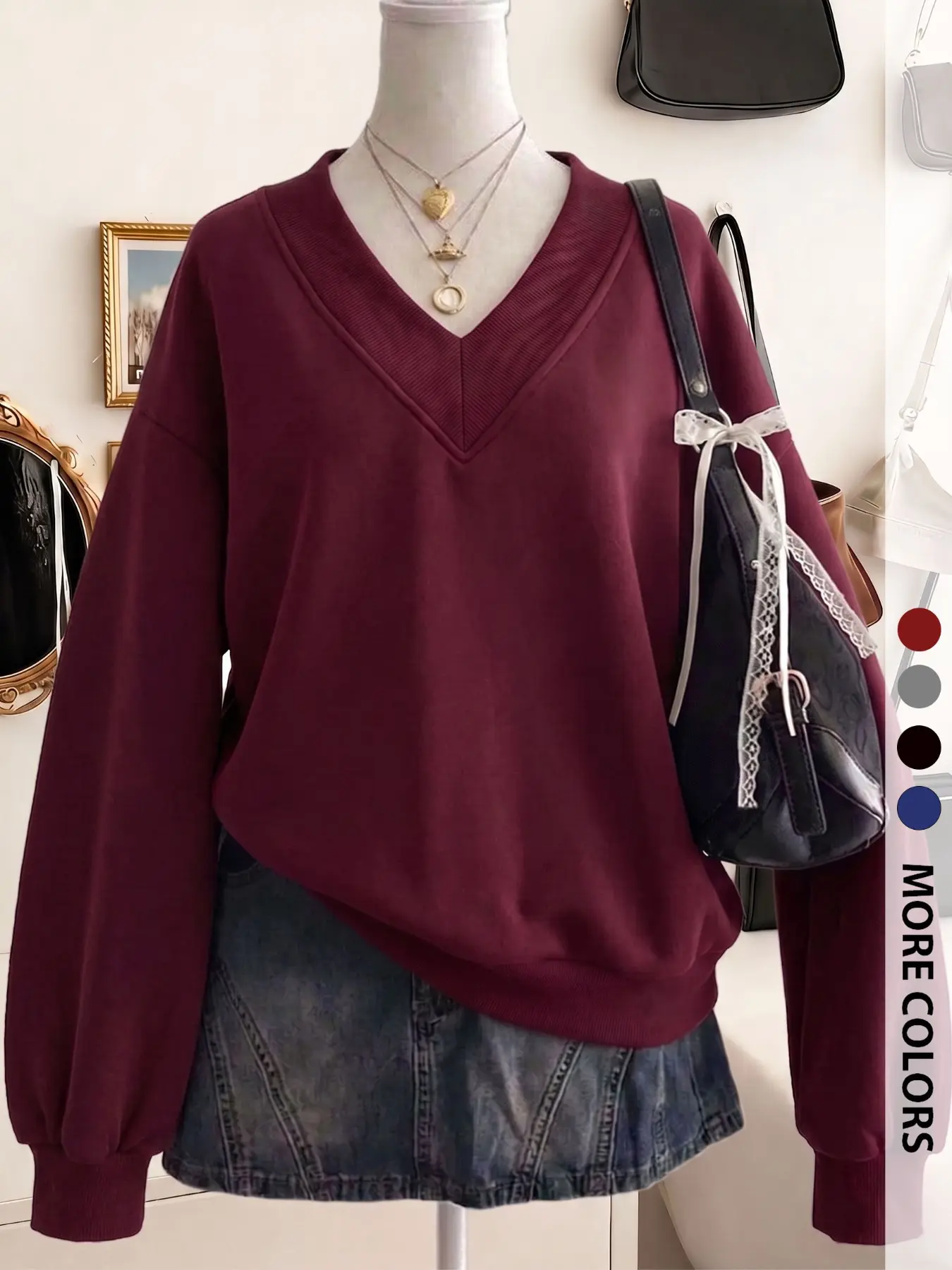Vintage Campus Vibe: Burgundy V-Neck Long-Sleeve Casual Sweatshirt for an Effortless Cozy Look 🖤 #vintagestyle #preppy #oversizedsweater