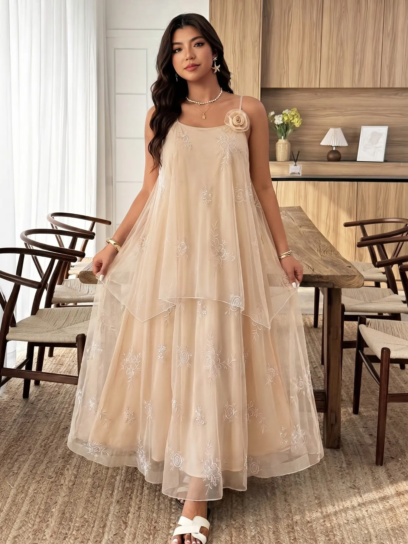 Elegant Floral Embroidered Lace Mesh Dress, Sleeveless Spaghetti Strap A-Line Evening Formal Wear Party Gown, Perfect for Weddings, Parties, Graduations