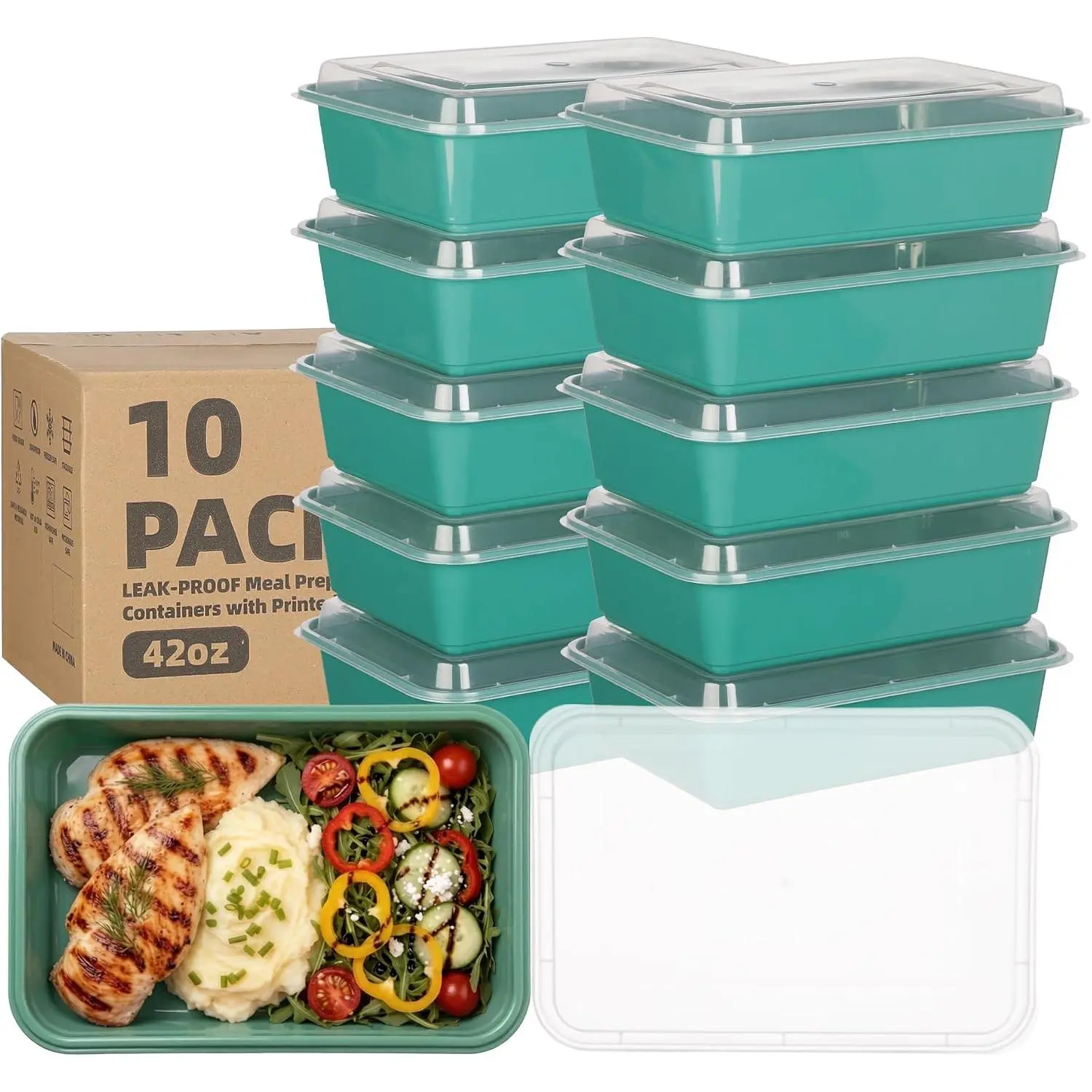 10 Pack 42oz Colorful Dark Green Kitchen Grade PP Meal Prep Containers, Stackable Leak-Proof Plastic Storage Boxes, Microwave, Freezer & Dishwasher Safe To-Go Takeout Containers, Microwave-Safe