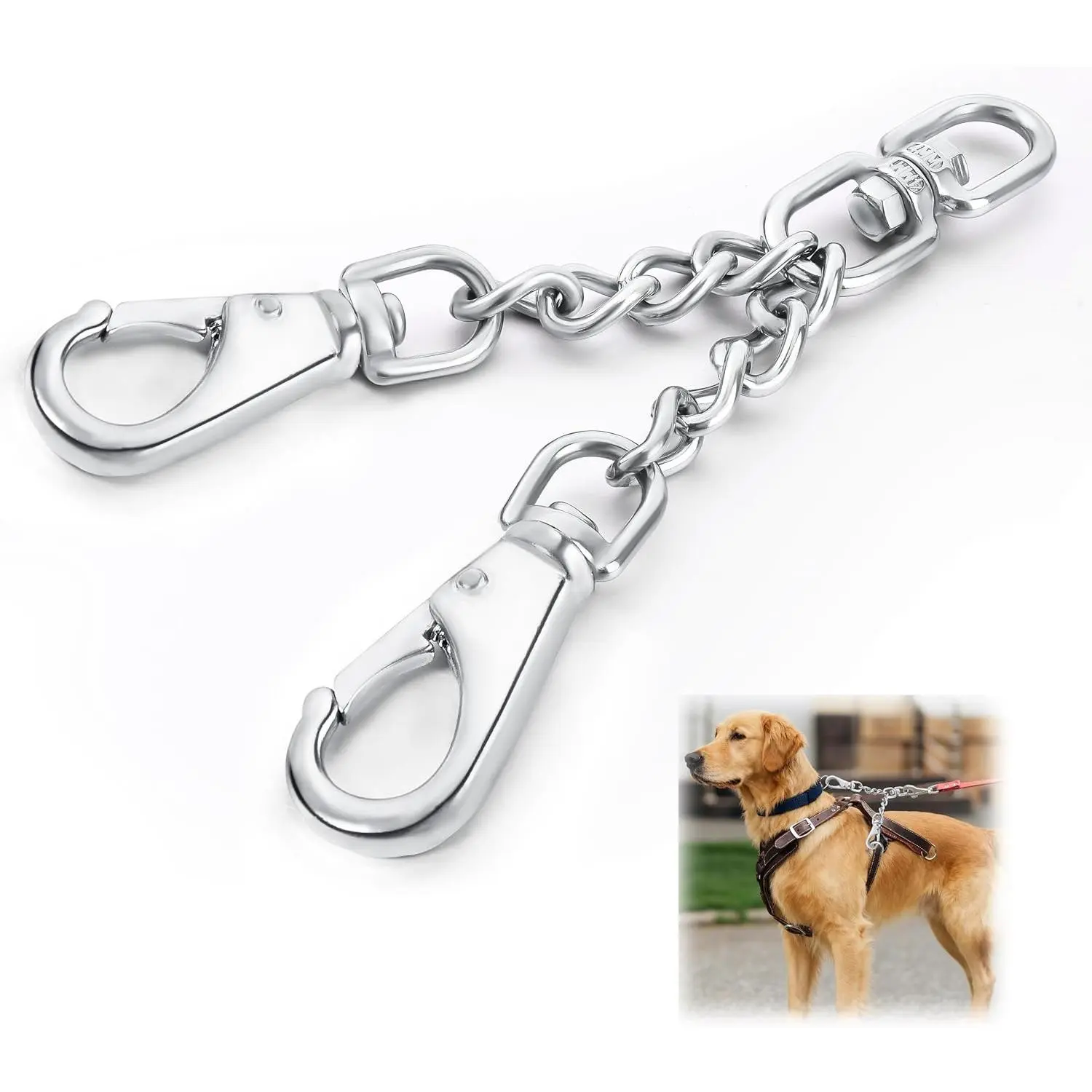 Leash Backup with Dual Clasps Prong Collar Safety Clip Stainless Steel Dog Safety Clip Collars and No Pull Harness Connectors