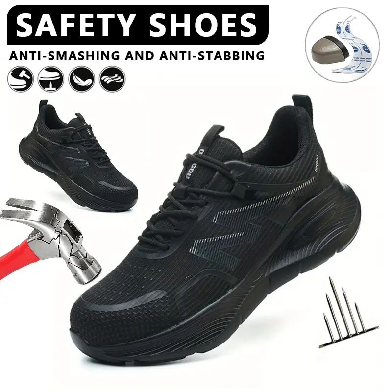 Men Breathable Steel Toe Safety Sneakers Lightweight Anti Smash Protective Work Shoes With Reflective Stripes Durable Industrial Safety Footwear All Season Construction Warehouse Casual Daily Wear Black Breathable Work Sneakers For Men