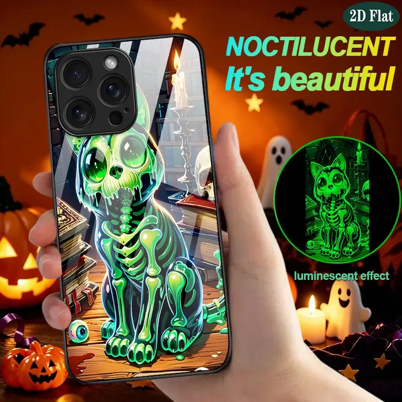 2D Flat Glowing Skeleton Cat Luminous Glass Phone Case Naturally Emitting Green Light Shockproof Protective Case for iPhone 17 Pro Max/16 Pro Max/15/14/16 /13/Plus/12/Mini/11/XR/XS/SE 2020/8/7 Anti-Drop Case