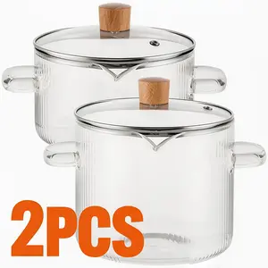 WONGIRL[2-Pack] Stovetop Safe Ribbed Glass Pots with Lids, 78Oz & 54Oz Saucepan for Soup Ramen Milk, Heat Resistant Borosilicate Cookware