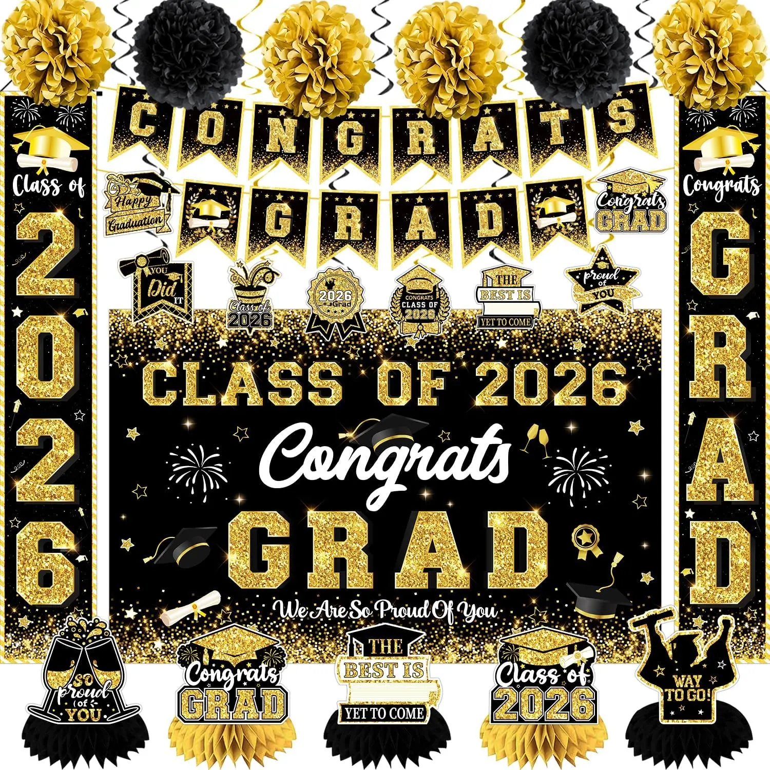 Black and Gold Graduation Decorations 2026 Congrats Grad Class of 2026 Banner, Backdrop, Hanging Swirls, Pom Poms and Honeycomb Centerpieces for High School College Graduation Party Decorations