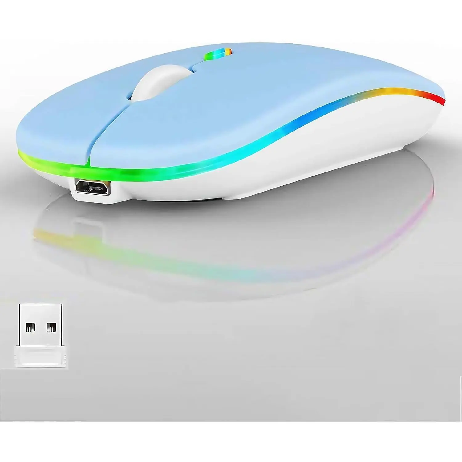LED  , Slim Silent -Mode 2.4G+BT Rechargable 7-Color Portable Mobile Optical Office  with USB Receiver, 3 Adjustable DPI Levels for Notebook, PC, , MacBook (Blue)
