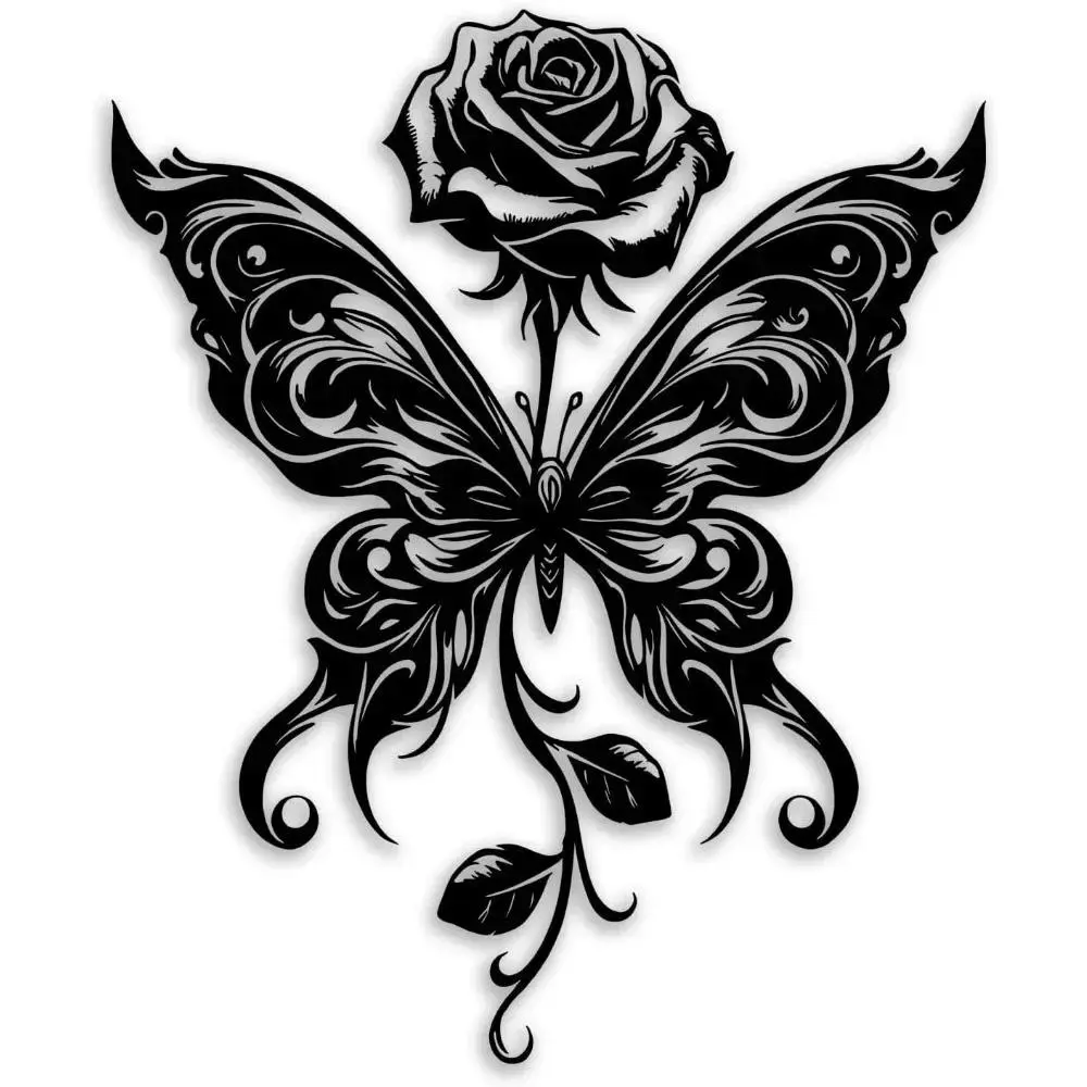 Vintage Tribal Butterfly With Rose Metal Wall Art, Artwork For Walls, Baroque Scroll Pattern Butterfly Rose Metal Wall Decor, Black Gothic Floral Butterfly Metal Wall Hanging for Bedroom Tattoo Studio Boho Home Decoration