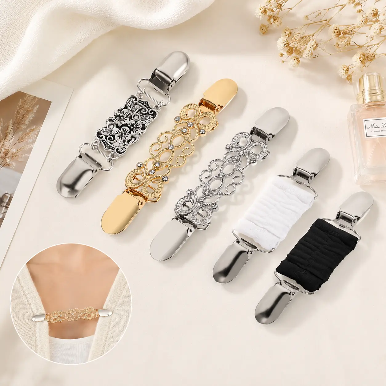 Vintage Shirt and Waist Cincher Clip Set 5 Piece Retro Cardigan Shawl Sweater Clips Fashion Clothing Accessories for Women