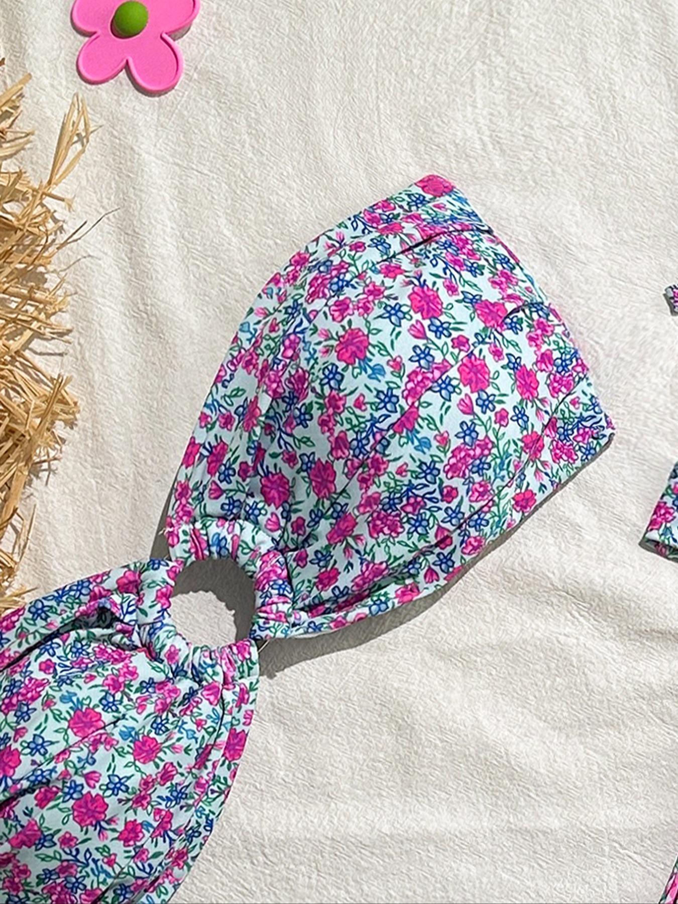 Women's Ditsy Floral Print Brazilian Swimsuits, Boho Fashion Ruched O-ring Tube Swim Bra & Swim Floral Bikini Top & High Cut Swim Floral Bikini Bottom Set, Ladies Swimsuit for Beach Holiday Vacation, Bikinis Sets, Bandeau Bathing Suit