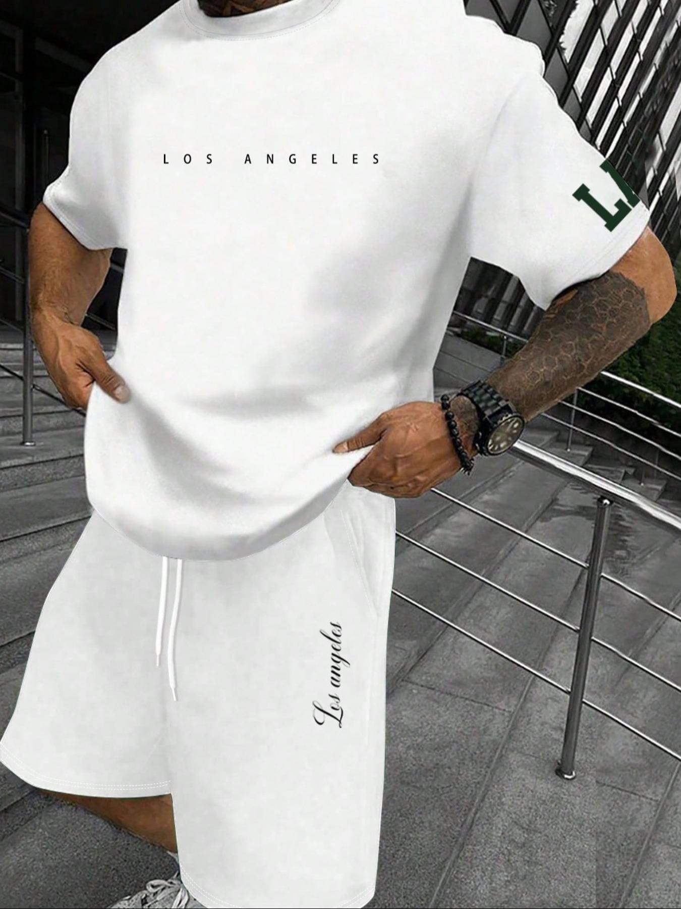 Two-Piece Set Men's Letter Print Short Sleeve Tee & Shorts Set, Regular Fit Casual Round Neck T-shirt & Track Shorts, Men's Summer Clothes, Menswear