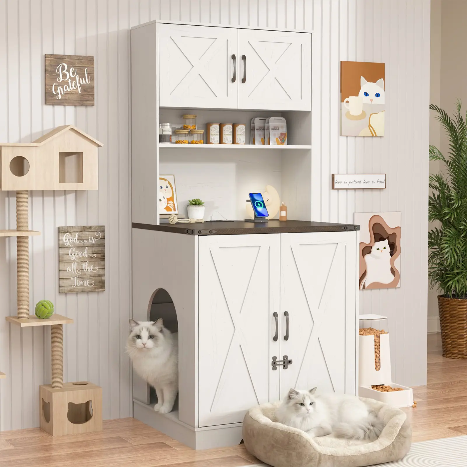 71Inches Tall Cat Litter Box Enclosure for Cats W/Power Outlets,Open Shelves.Wooden Pet Washroom Furniture W/Locks,Cabinet.Indoor Cats House,Hidden Cat Litter Box for Living Room,Bedroom(White/Brown)
