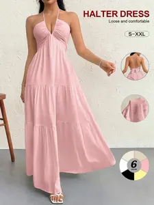 Minimalist Aesthetic Summer Halter Maxi Dress: Deep V-Neck & Tiered Flowy Skirt with Back Bow Tie | Perfect for Beach Travel, City Walks & Casual Parties