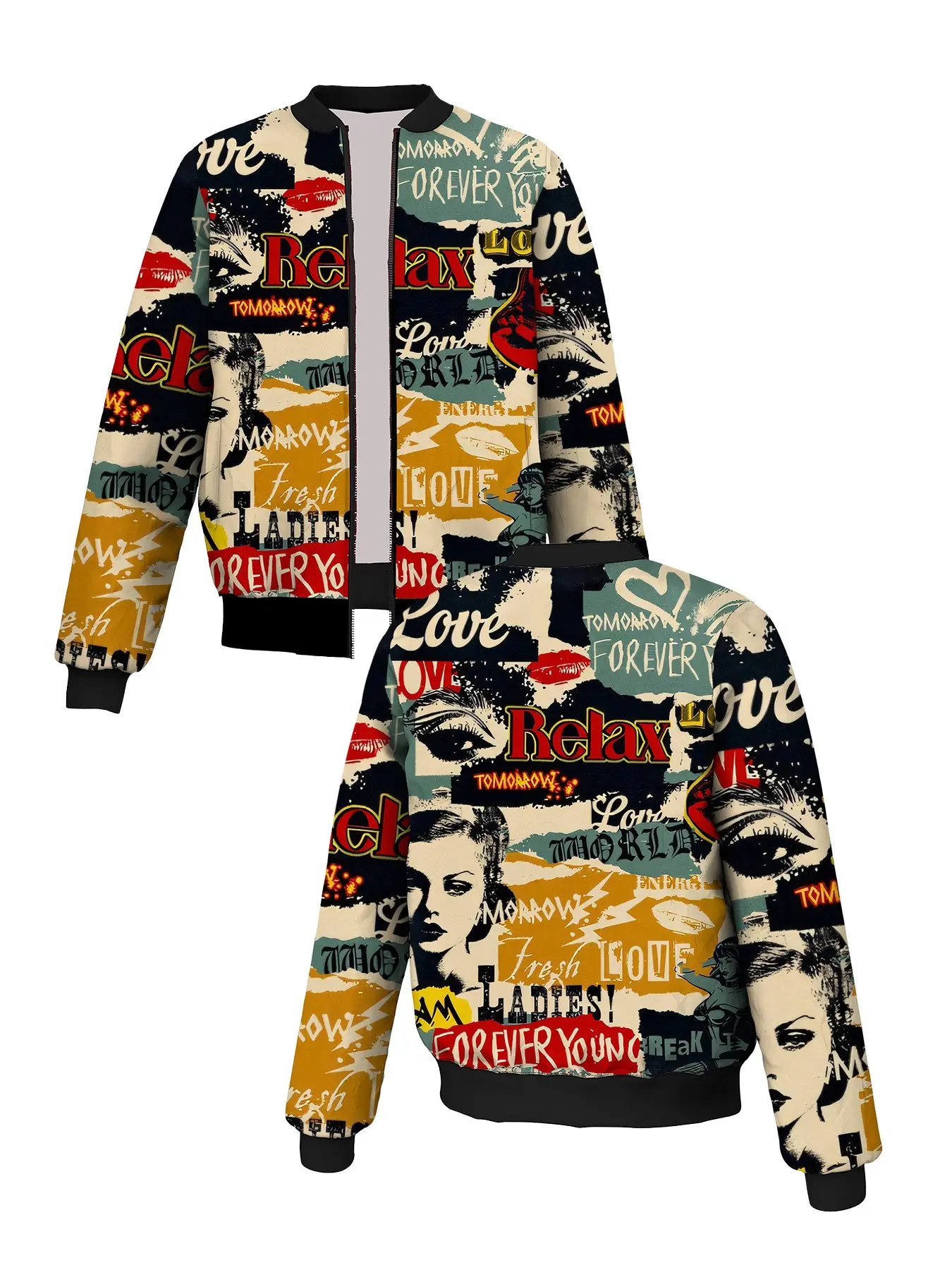 Vintage Graffiti Print Bomber Jacket, Zip Up Long Sleeve Baseball Outerwear, Retro Pattern Stand Collar Casual Jacket Streetwear For Men Daily Outfit.