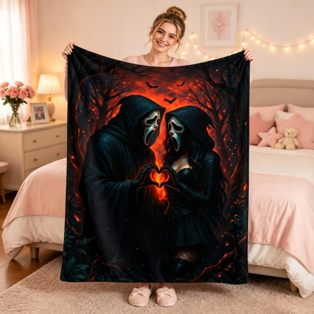 Gothic Ghostface Lovers Flannel Throw Blanket, Dark Forest Romantic Heart Print, Soft Cozy Lightweight All Season Blanket for Sofa Bedroom Decor, Perfect Anniversary Halloween Gift for Horror Fans