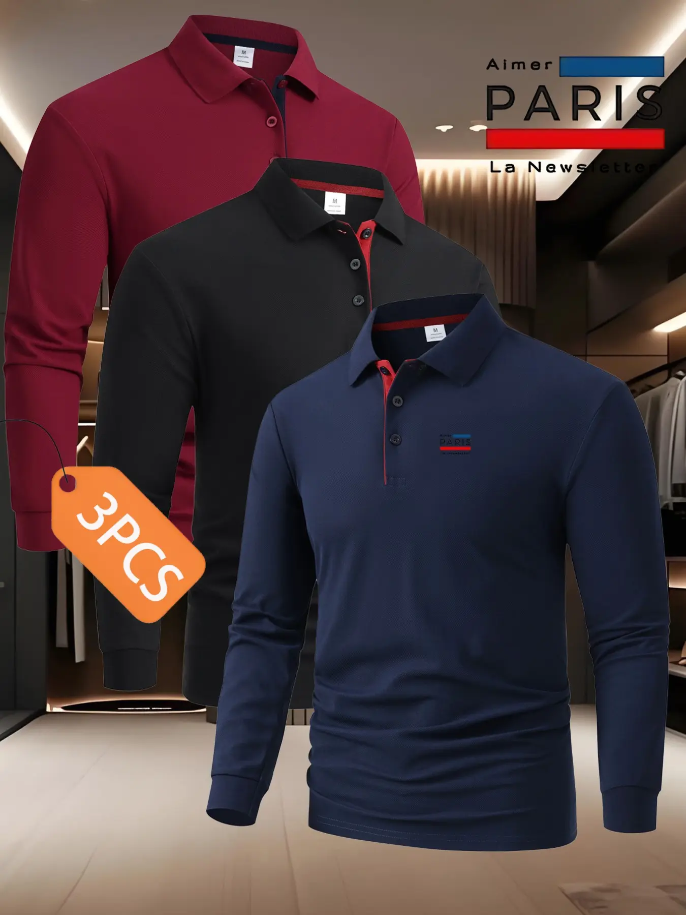 3‑Pack New Men's Long‑Sleeve Athletic Polo Shirt, Premium Color‑Block Comfort Regular‑Fit Printed Collar Top, Versatile Pullover for Golf, Tennis Training, Business, Casual & Outdoor Sports