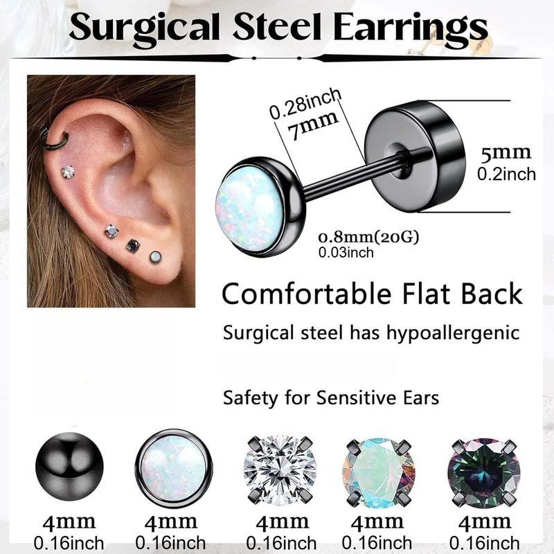 Trendy 8 Pairs Simple Classic Stud Hoop Earrings Mysterious Surgical Steel Earrings for Sensitive Ears Hypoallergenic for Women Men Charming Small CZ Flat Back Cartilage Earrings Set Unique Design Show An Unrestrained Attitude Simple Smooth Surface