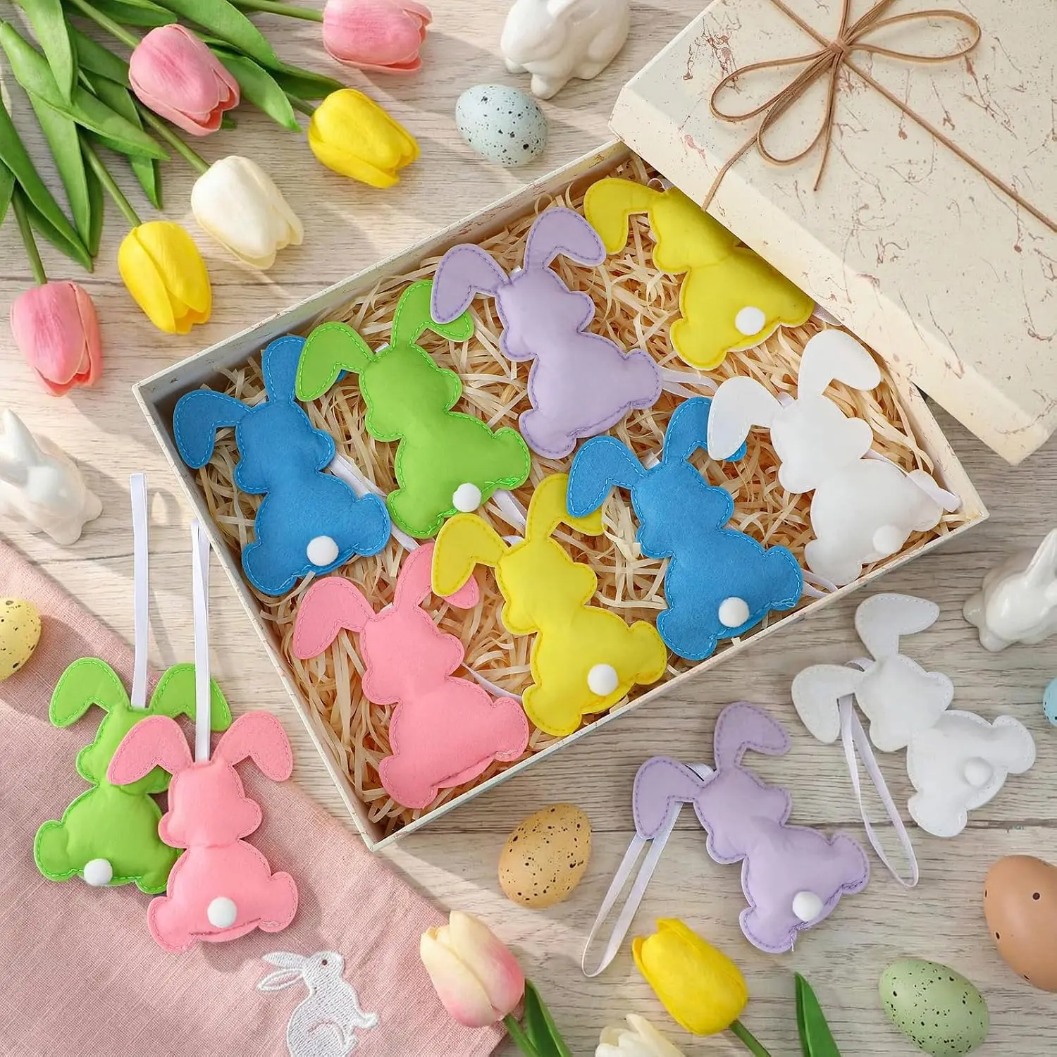 12 count Easter Bunny Decorations Felt Bunny  Ornaments  Spring   Decorations for Easter Tree Party Holiday Decor(Calssic)