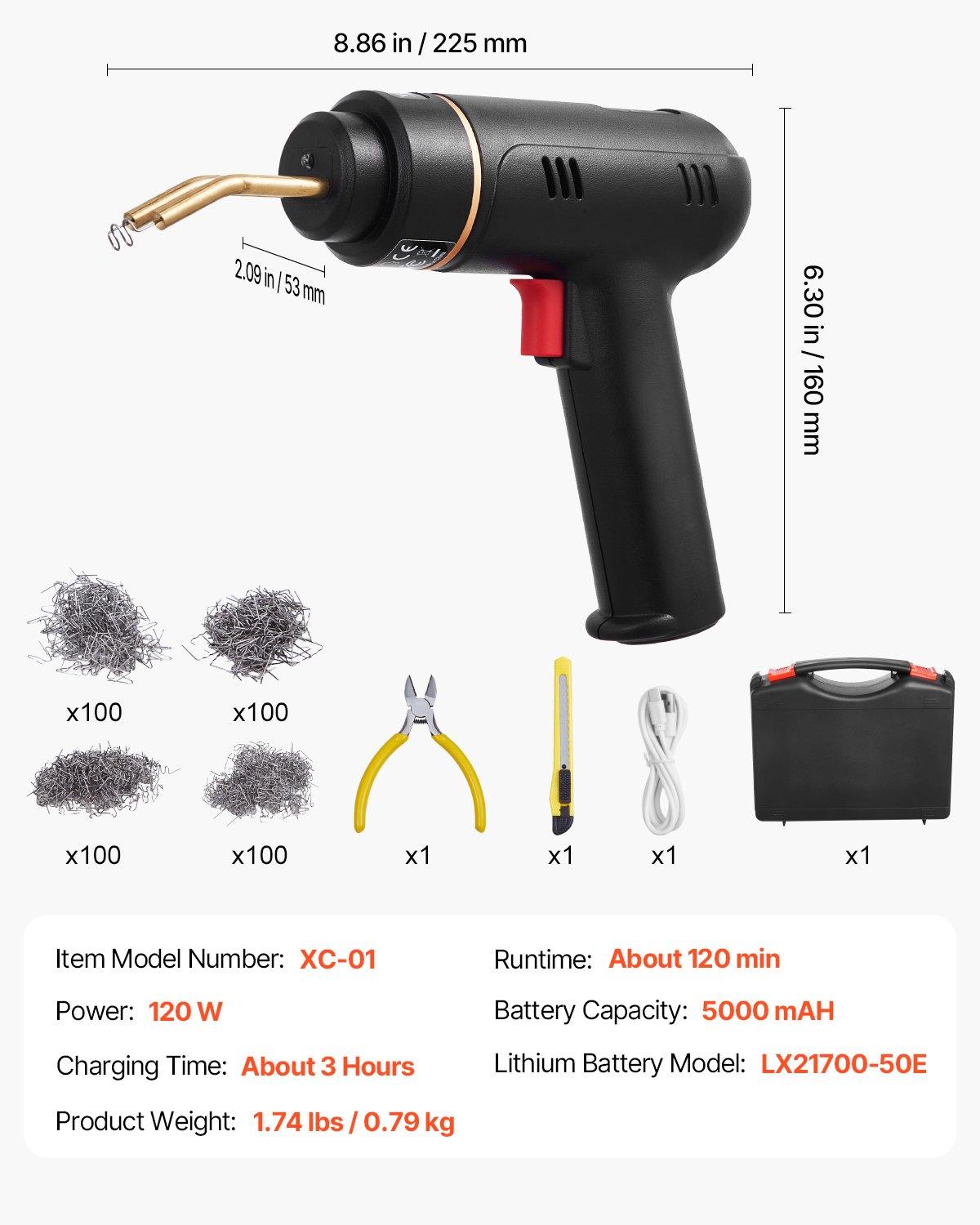 VEVOR Cordless Plastic Welder, 120W Plastic Welding Gun with 400PCS 4 Types Hot Staples, Rechargeable Hot Staple Welding Gun, Plastic Car Bumper Repair Kit for Kayak, Toys, Plastic Crack Repair