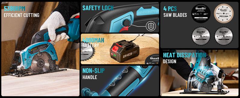 Cordless Mini Circular Saw, SeeSii 4-1/2" Electric Compact Circular Saw with 4.0Ah Battery, 5380RPM, 4 Saw Blades, Rip Guide, Max Cutting Depth 1-11/16"(90°), 1-1/8"(45°) for Wood, Plastic, Soft Metal CS410B #TikTokShopBlackFriday