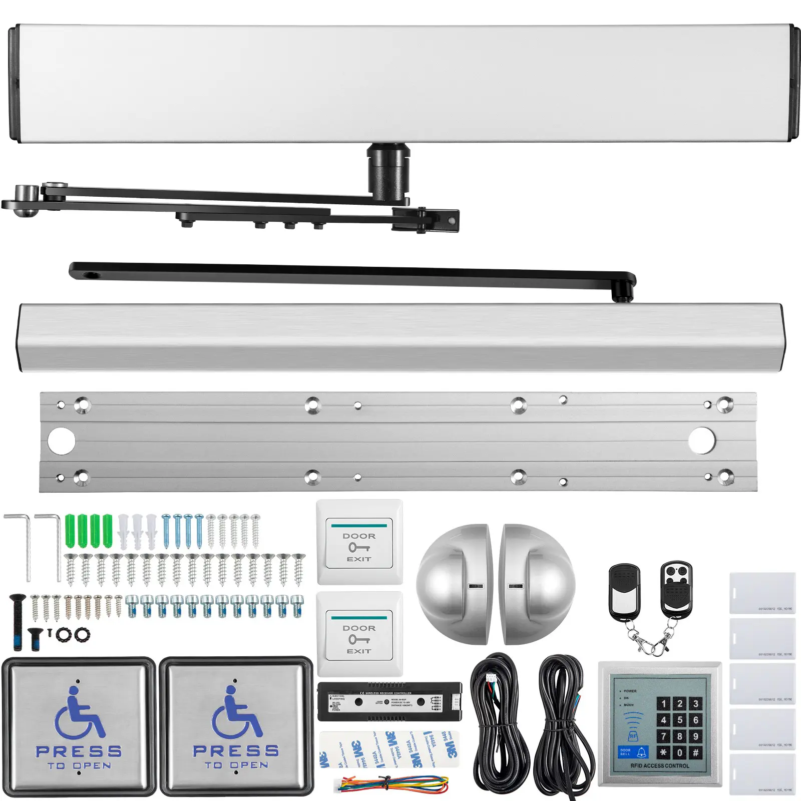 Automatic Door Opener, 100-240V for Max.220lbs Doors, Swing Door Operator for Disabilities with 2 Wireless Remotes, Keypad, 2 Exit Buttons, 5 ID Cards, 2 Stainless Steel Push Buttons, CE Listed