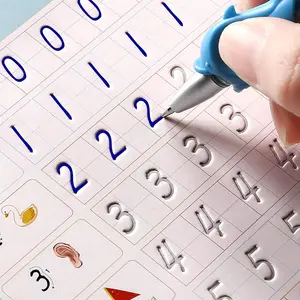 New 4-page calligraphy workbook (letters, numbers, addition and subtraction, pictures) plus 8 pen refills plus 1 pen holder and 1 grip pen (random color) with a recessed design for repeated use. A workbook for calligraphy practice, suitable for children t