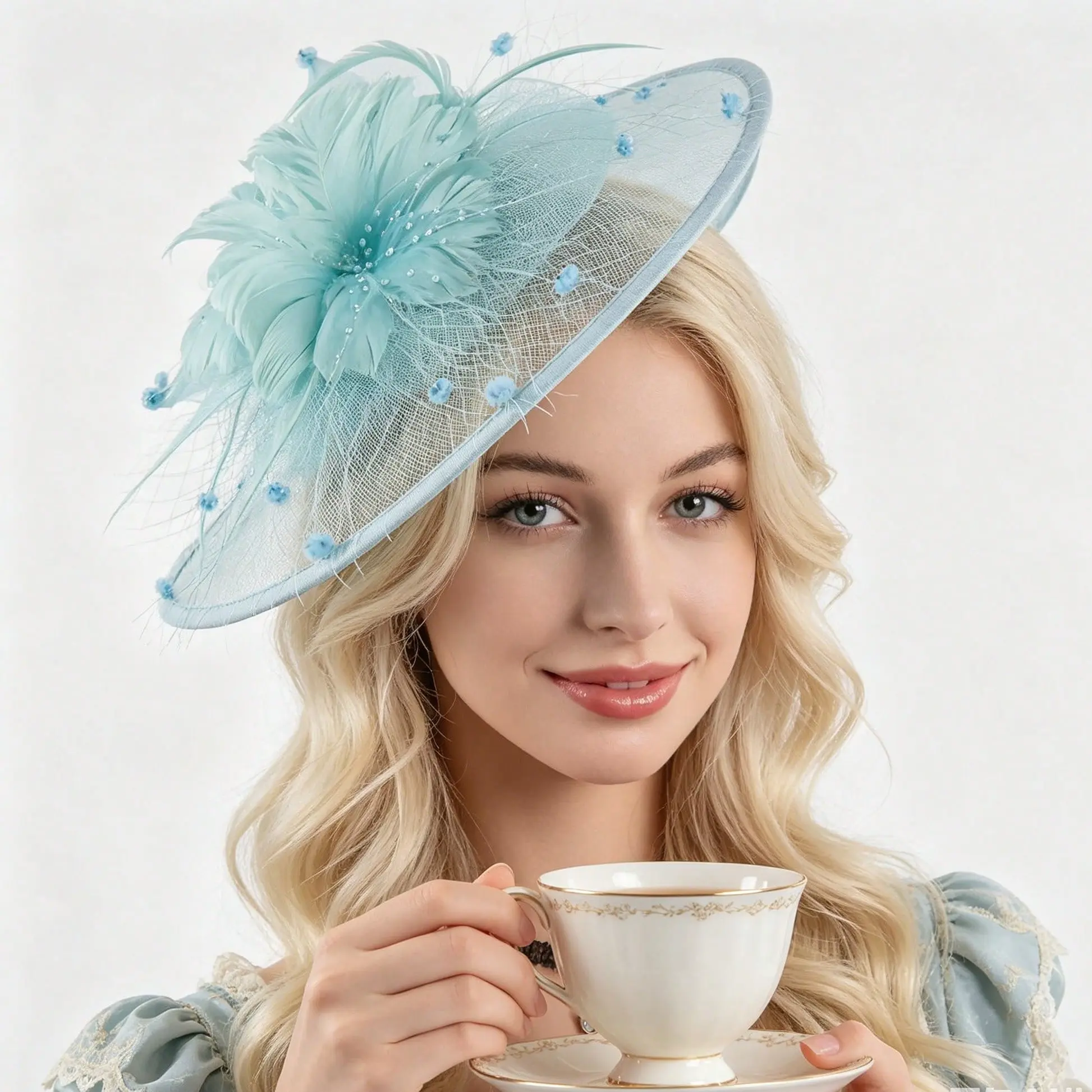 Women's Light Blue Fascinator Hat - Plain, Elegant Look Polyester Mix with Feather Flower, Fine Netting - Elegant Cocktail Tea Party Headpiece for Kentucky Derby Wedding