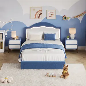 Platform Bed Frame wrapped in Soft Flannel Fleece featuring an Ice Cream Shaped Headboard with Color Changing LED Lights