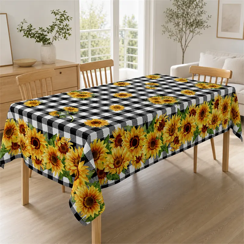 Made in USA Polyester Tablecloth with Rectangle Shaped Body, Sunflower-Black White Gingham Print, Washable Reusable, Spring-Summer Home Decor, Ideal for Kitchen & Party Use