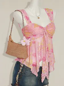 1 Piece Beach Vacation Thin Shoulder Straps Front Twist Knot Floral Print Flowy Irregular Pointed Hem Loose Tank
