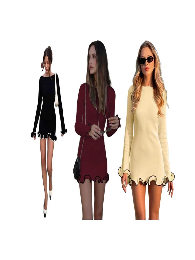 Women's Elegant Long Sleeve Colorblock Knit Dress, Spring & Fall Fashion A-Line Skirt, Contrast Binding Design
