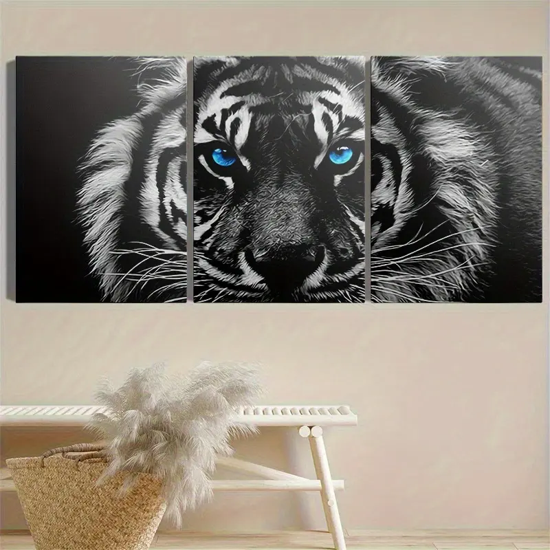 3Pcs Framed 2D Flat Canvas Wall Print, Ready‑to‑Hang Modern Black and White Tiger Animal Wall Art Set, High Definition Printed Canvas Poster, Home Wall Decor, Ideal Gift for Living Room, Bedroom, Dining Room and Office‑2D Flat Print