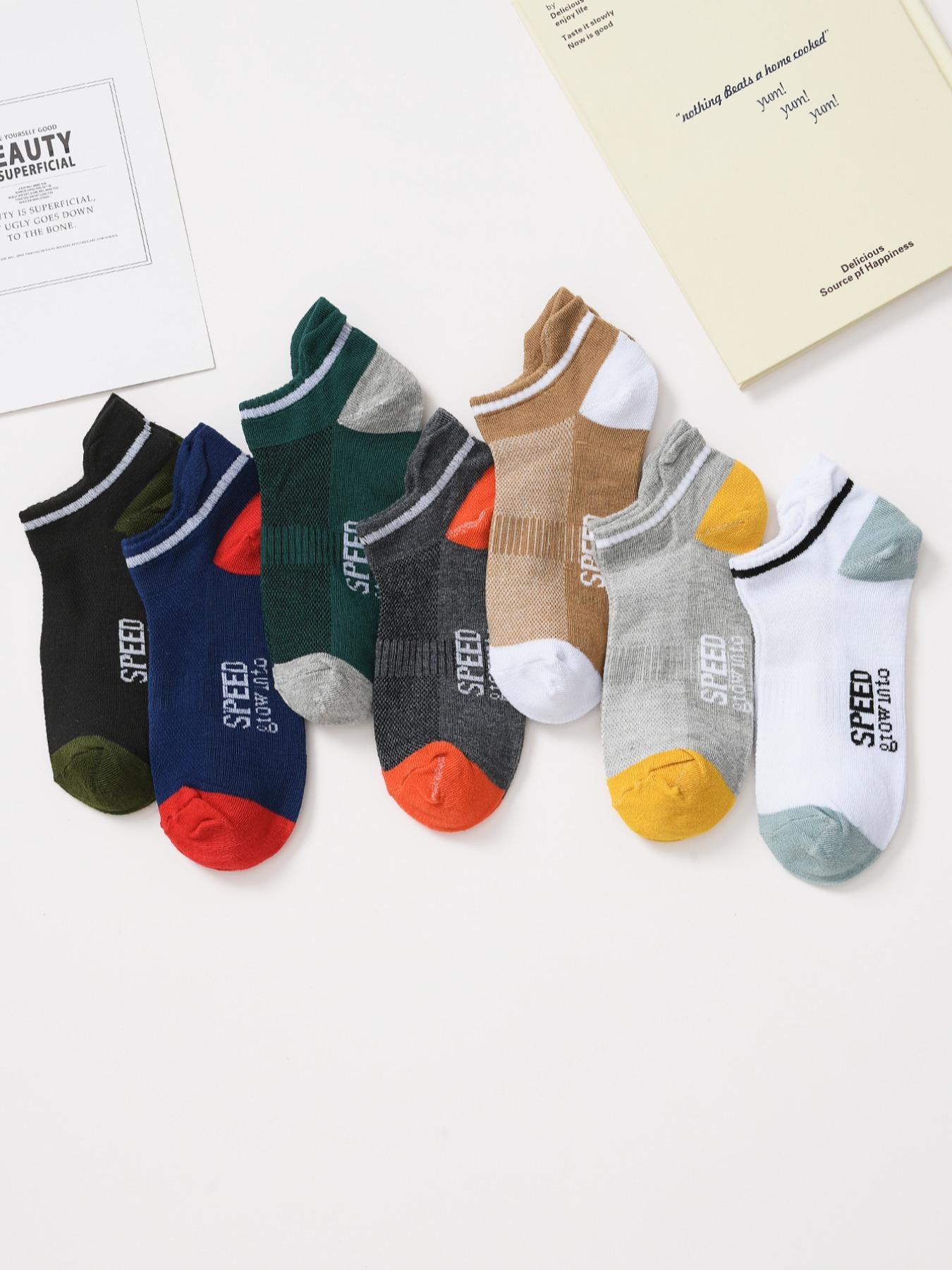 Men's 7 Pairs Colorblock Letter Print Ankle Socks, Knit Crew Socks, Casual Comfy Socks For Men Daily Wear