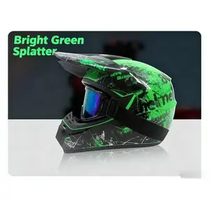 DOT Approved Unisex Full Face ABS Motorcycle Helmet, Dirt Bike/Off-Road/ATV Racing Helmet with Sun Visor, Goggles, Gloves, Neck Gaiter (Green, Black, Blue Splatter)