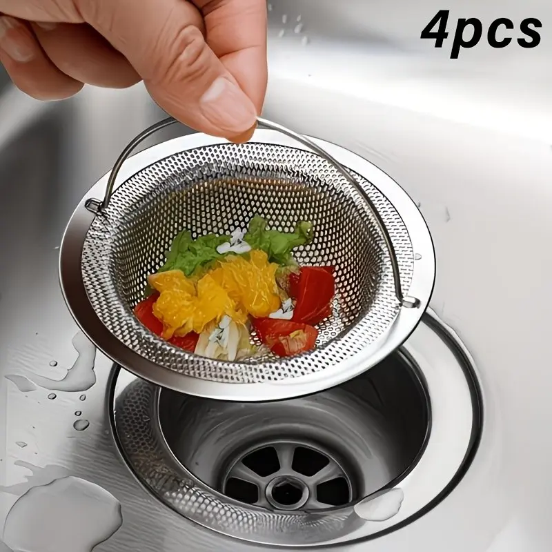 4pcs Set Stainless Steel Sink Strainers with Handle, Rustproof Mesh Drain Filter, Anti-Clog Kitchen And Bathroom Sink Drain Basket for Draining Fruits And Vegetables