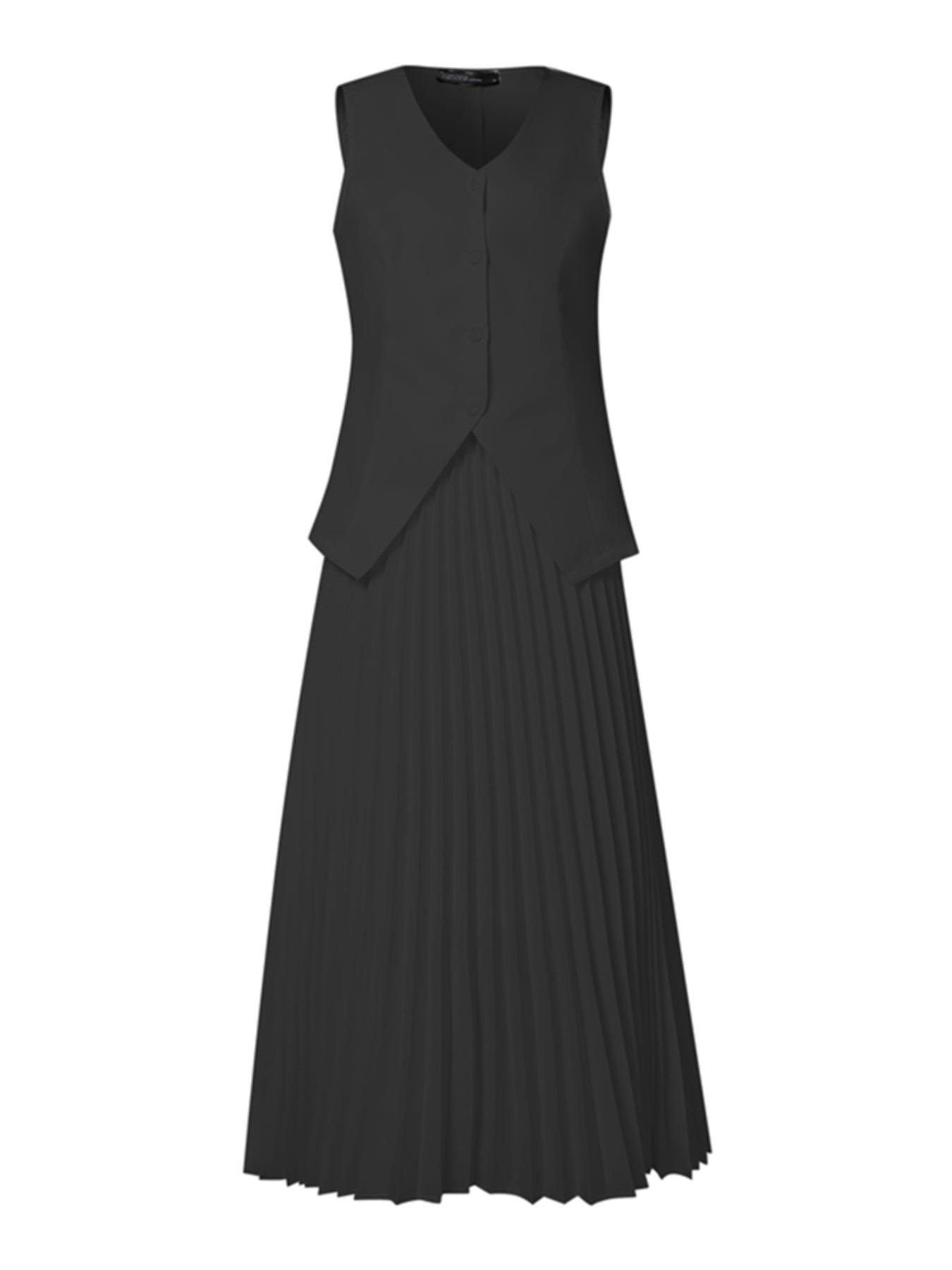 Two-piece Set Women's Solid V Neck Vest Top & Pleat Skirt, Casual Fashion Cozy Set for Daily Outdoor Wear, Ladies Clothes for All Seasons, Suits