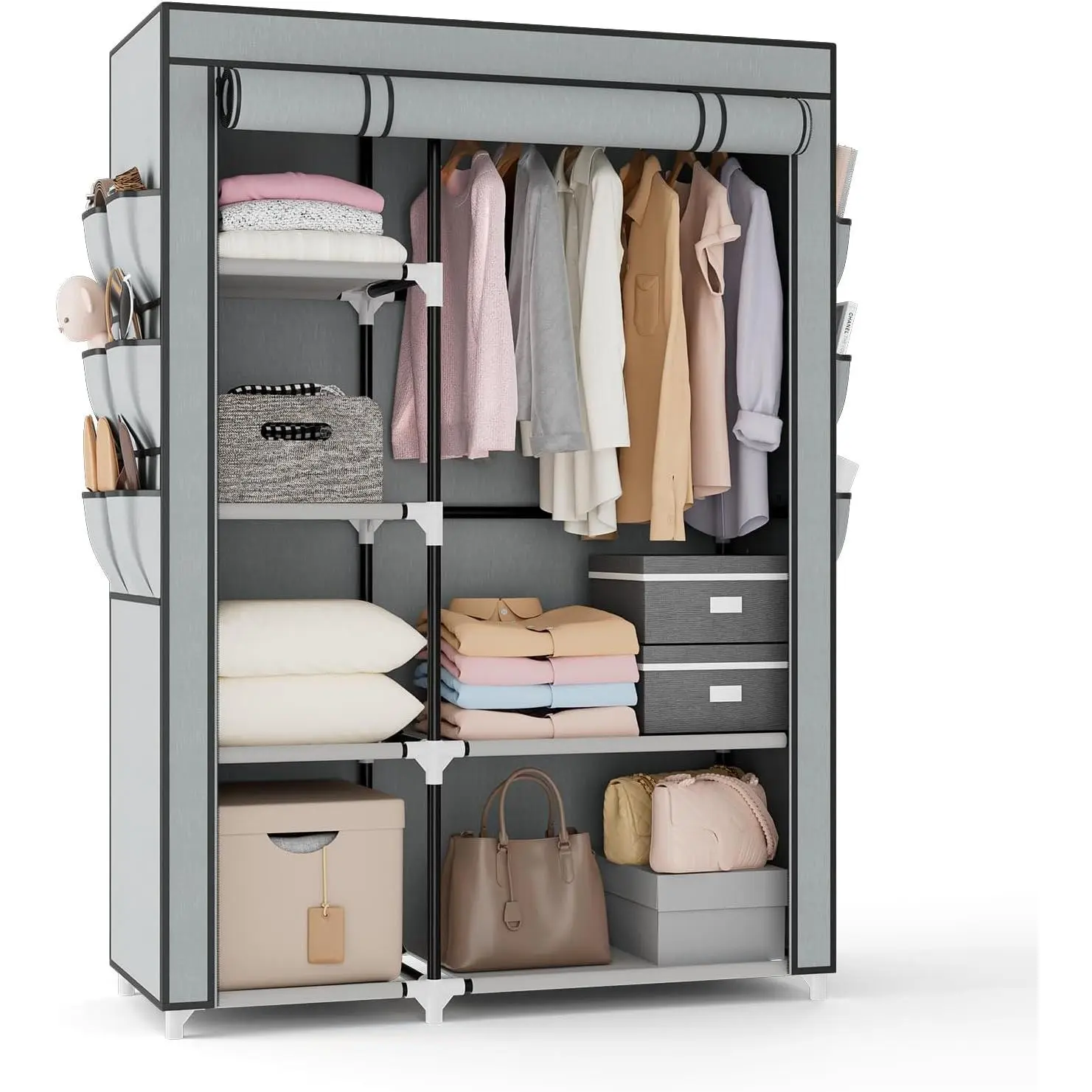 Wardrobe Closet, 41.7 Inch Wide Portable Closets for Hanging Clothes with 1 Hanging Rod, 6 Shelves, 6 Pockets, Clothes Rack with Cover Portable Wardrobe Closet for Bedroom, Dorm, Grey